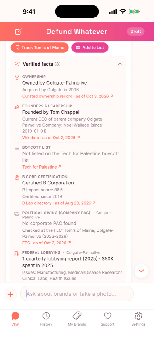Verified facts card for Tom's of Maine: owned by Colgate-Palmolive, founder and CEO, boycott-list check, B Corp certification, company PAC check and lobbying, each with its source and date